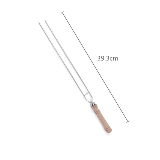 Strong and utility stainless steel double fork bbq food skewer with wood handle