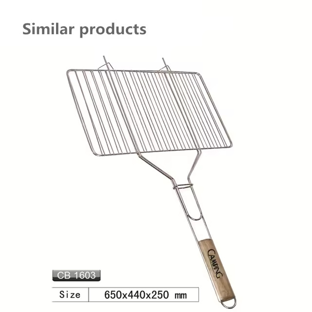 Wholesales outdoor stainless steel barbecue vegetable basket with wooden handle Hibachi Drift Cast Iron Grill Mesh Net Grid