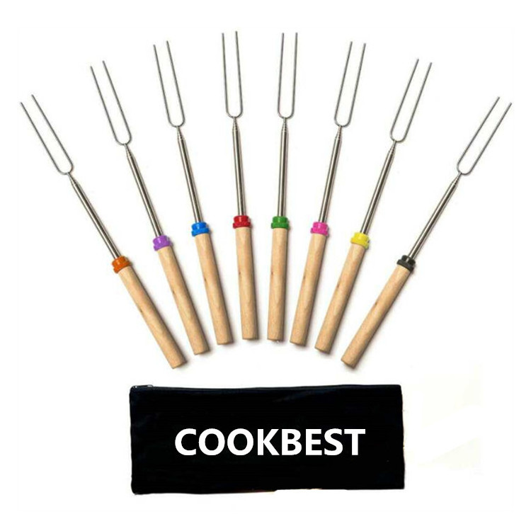 Outdoor barbecue tool extendable roasting sticks wood handle telescopic bbq fork