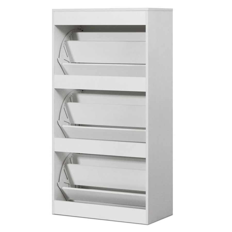 Factory wholesale shoe cupboard white three doors wooden flip bucket shoe rack cabinet 3 tier