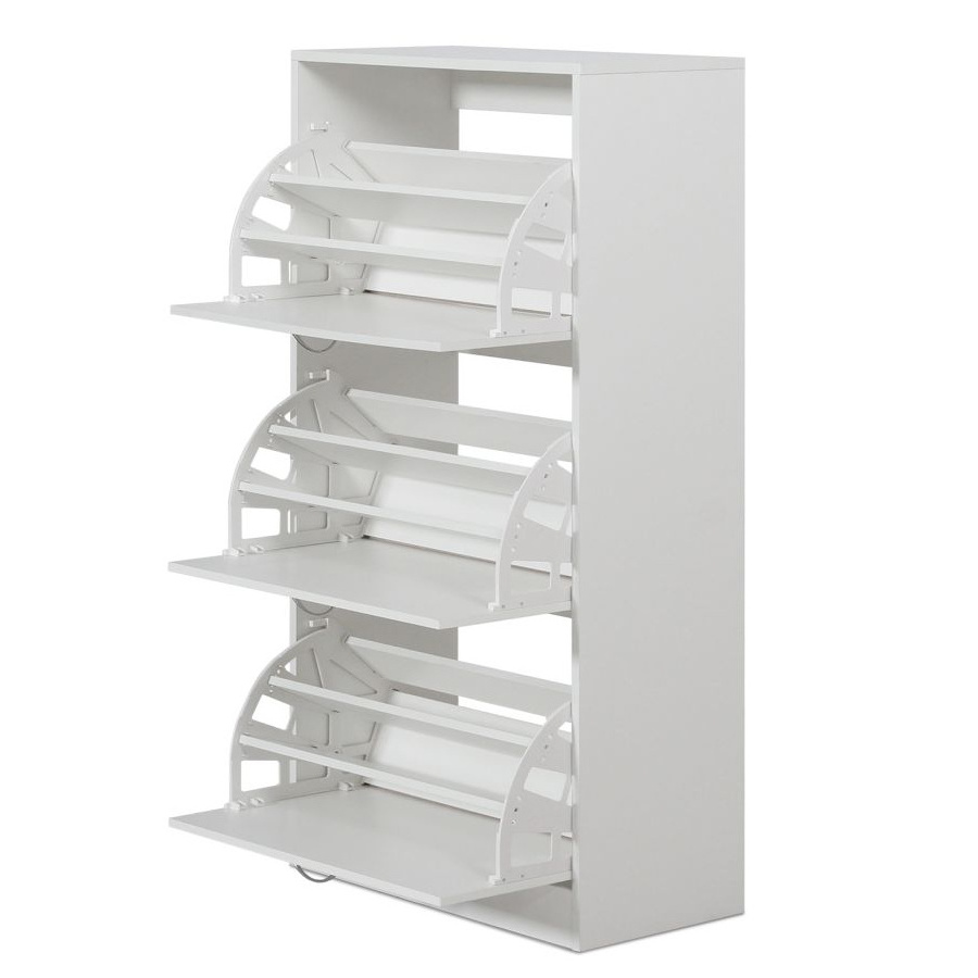 Factory wholesale shoe cupboard white three doors wooden flip bucket shoe rack cabinet 3 tier