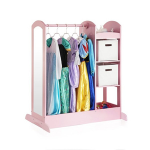 Toddlers Wooden Wardrobe Closet Pink Dress Up Cubby Center with Mirror for Little Girls