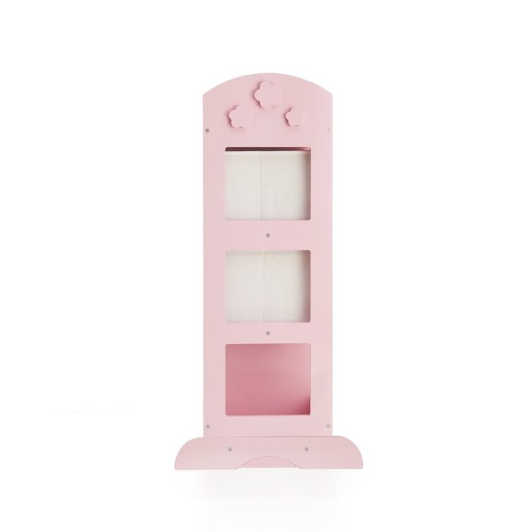 Toddlers Wooden Wardrobe Closet Pink Dress Up Cubby Center with Mirror for Little Girls