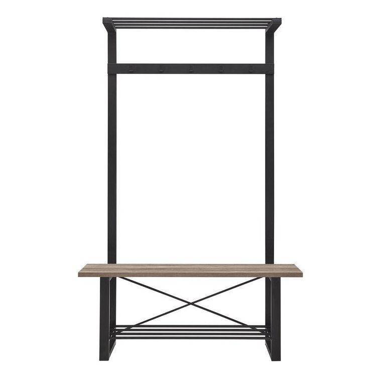 Home Accent Furnishings New Grey Wash Metal Wood Urban Blend Hall Tree Coat Rack with Bench and Shoe Rack