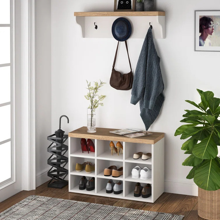 White Brown Entryway Hallway Coat Rack Shoe Cabinet Bench Set with Cube Storage and 3 Hooks