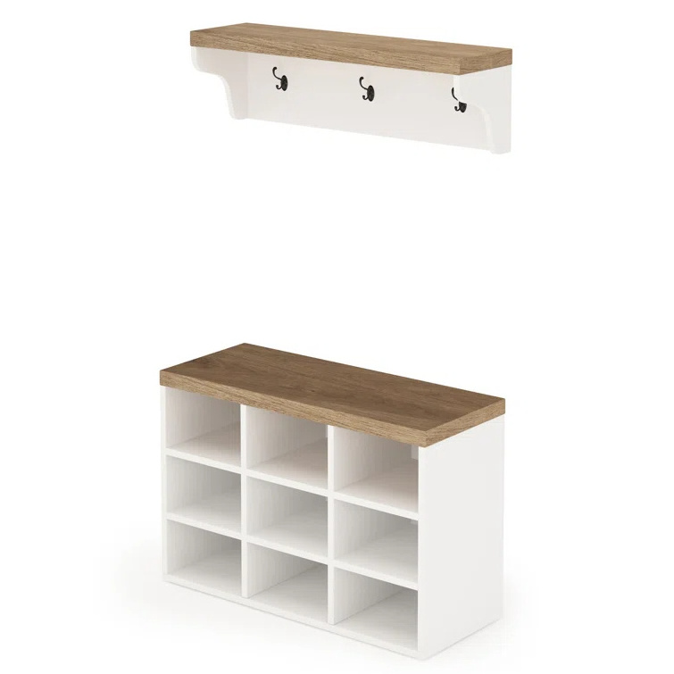 White Brown Entryway Hallway Coat Rack Shoe Cabinet Bench Set with Cube Storage and 3 Hooks