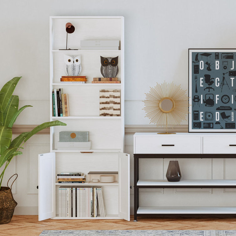 Free Standing Farmhouse Barnwood Double Doors Tall Floor Storage Cabinet Bookcase with 3 Tier Open Shelving