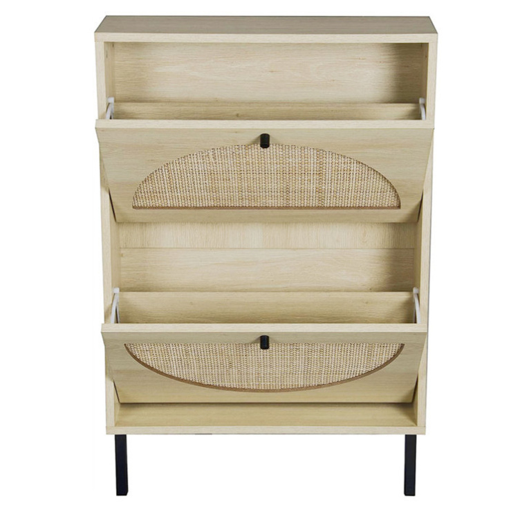 2 Tier Narrow Wood Rattan Cupboard Weave Doors Design Flip Down Ultra Slim Shoe Rack Storage Cabinet for Hallway Entryway