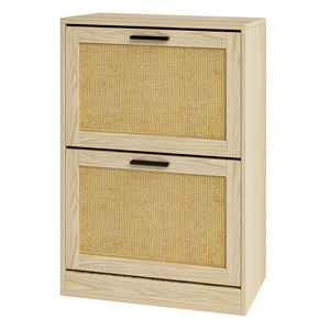 Entryway furniture maple wicker rattan cabinet closet cupboard shoe organizer rack with 2 flip cane drawers door