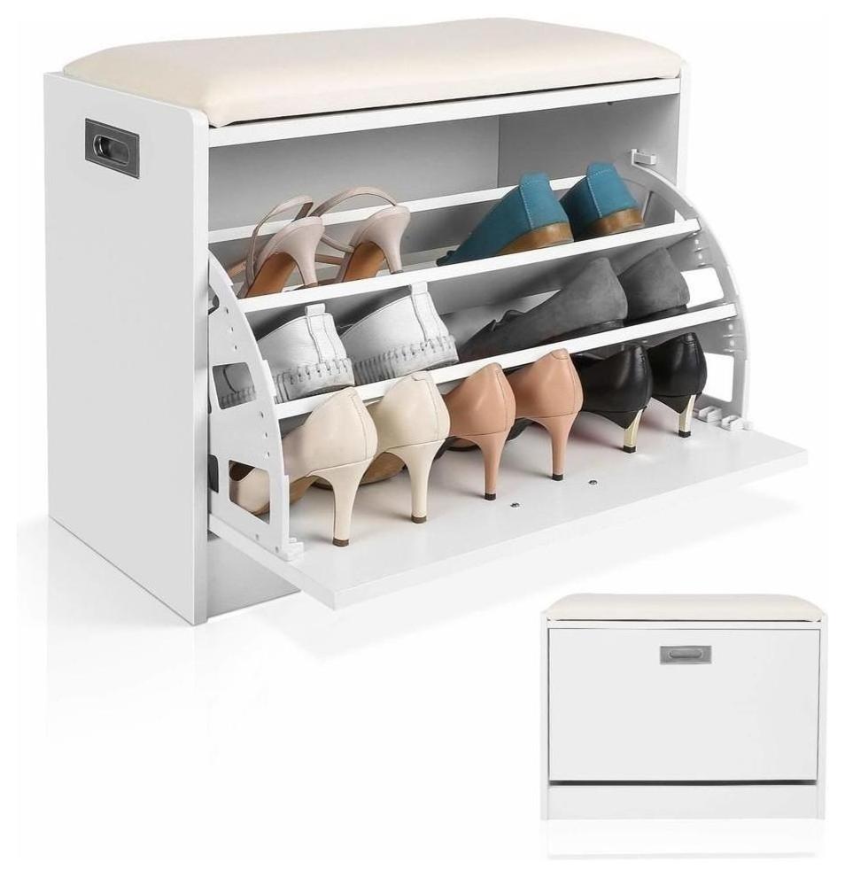 Low MOQ White Wood Row Faux Ottoman Shoe Storage Cabinet Bench with Soft Padded Seat Cushion