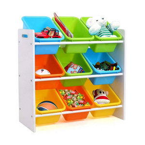 3 Tier Shelf Toddler's Wood Toy Storage Organizer with 9 Multiple Color Plastic Bins for Kid's Bedroom Playroom