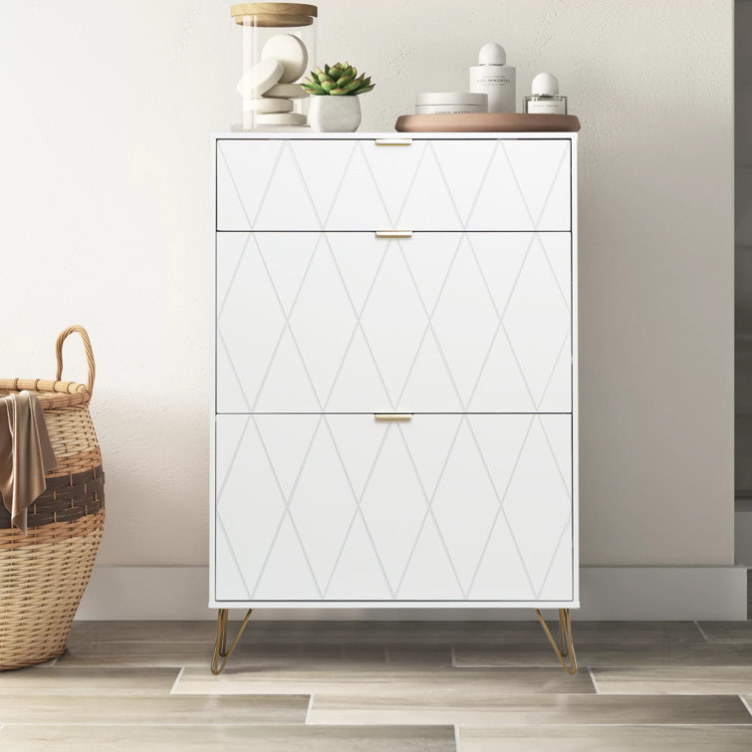 Modern Entryway White Stackable 3 Tier Flip Down Drawers Shoe Storage Cabinet with Gold Metal Leg