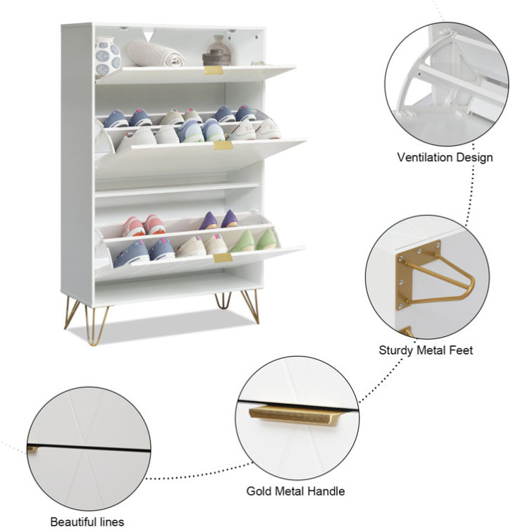 Modern Entryway White Stackable 3 Tier Flip Down Drawers Shoe Storage Cabinet with Gold Metal Leg