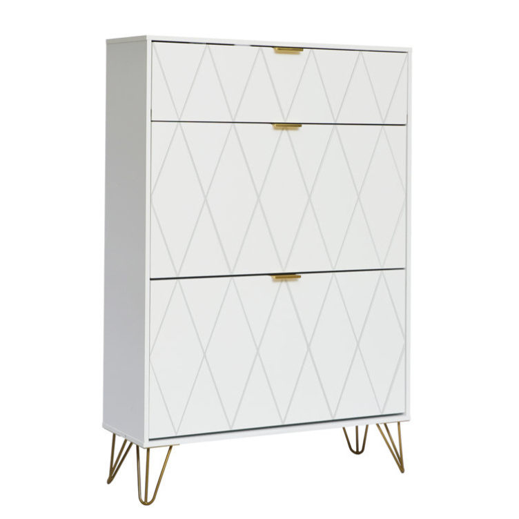 Modern Entryway White Stackable 3 Tier Flip Down Drawers Shoe Storage Cabinet with Gold Metal Leg