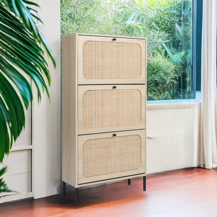 Living Room Entryway Slim Narrow Hidden Wood Natural Rattan Shoe Storage Cabinet with 3 Flip Drawers