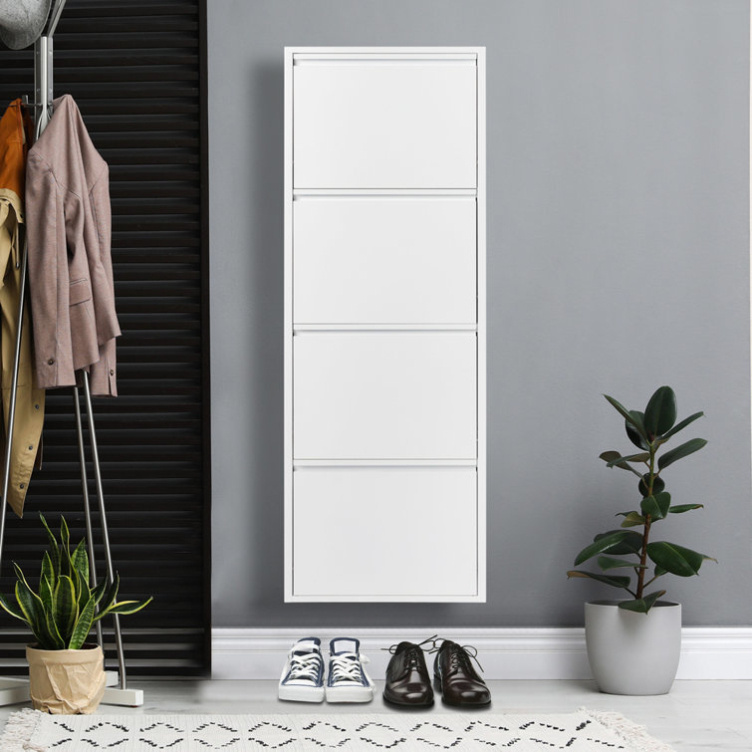 Factory Wholesale Wooden 4 Drawers White Color Wall Mounted Hanging Tipping Shoe Storage Cabinet