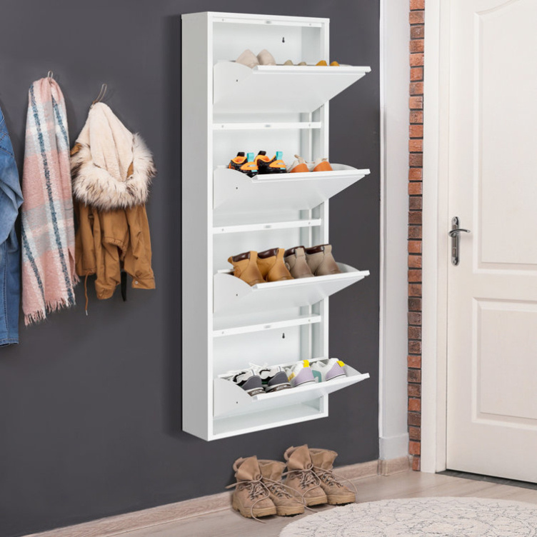 Factory Wholesale Wooden 4 Drawers White Color Wall Mounted Hanging Tipping Shoe Storage Cabinet