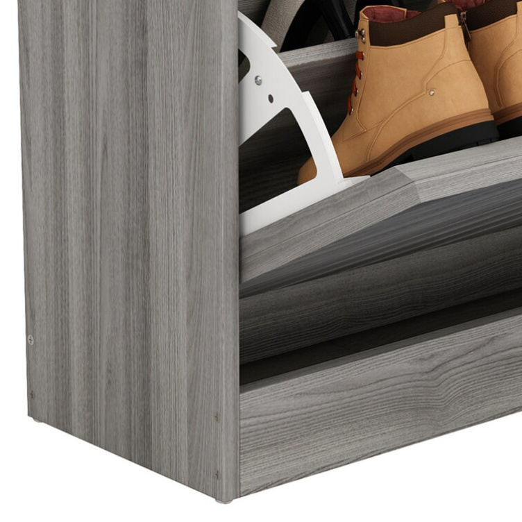 Grey wood corner space saving 18 pair shoe storage cabinet  rack with three groove tipping drawer doors