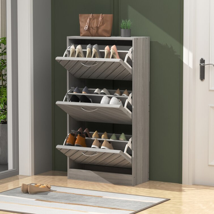 Grey wood corner space saving 18 pair shoe storage cabinet  rack with three groove tipping drawer doors