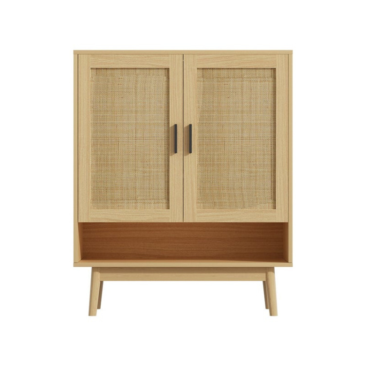 Factory Wholesale Two Door Wooden Shoes Rack Cupboard Shoe Storage Cabinet Rattan with Shelf and Solid Legs