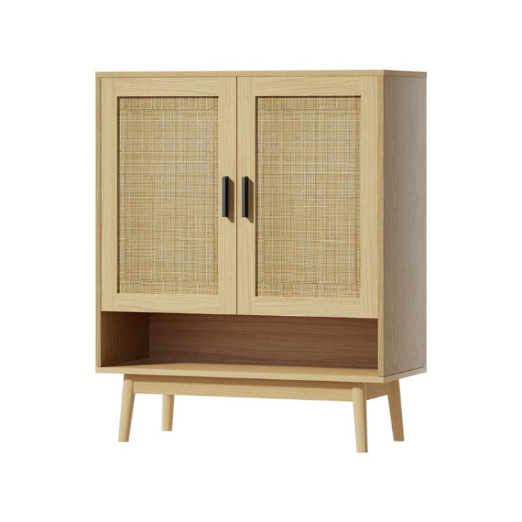 Factory Wholesale Two Door Wooden Shoes Rack Cupboard Shoe Storage Cabinet Rattan with Shelf and Solid Legs