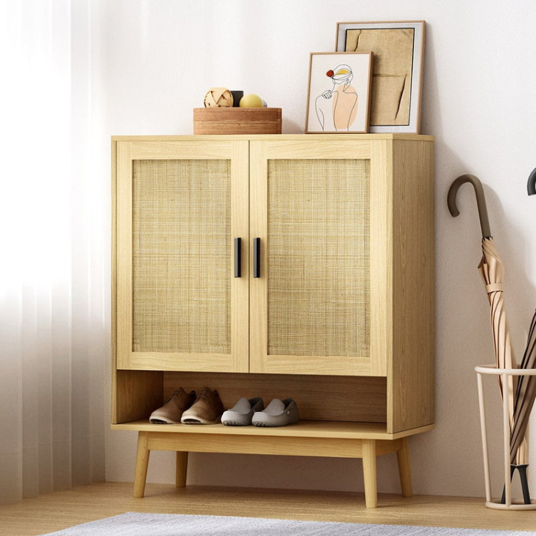 Factory Wholesale Two Door Wooden Shoes Rack Cupboard Shoe Storage Cabinet Rattan with Shelf and Solid Legs