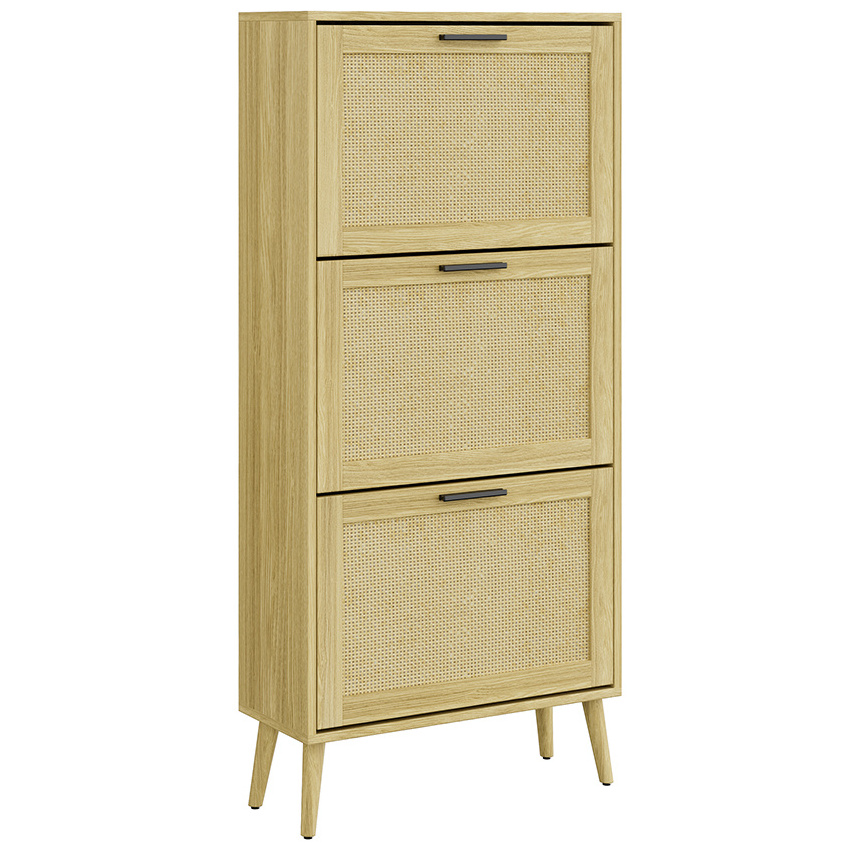 Mid-century Natural Oak Effect 3 Doors Hidden Flip Drawer Rattan Cane Shoe Rack Cabinet with Solid Wood Legs