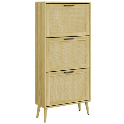 Mid-century Natural Oak Effect 3 Doors Hidden Flip Drawer Rattan Cane Shoe Rack Cabinet with Solid Wood Legs