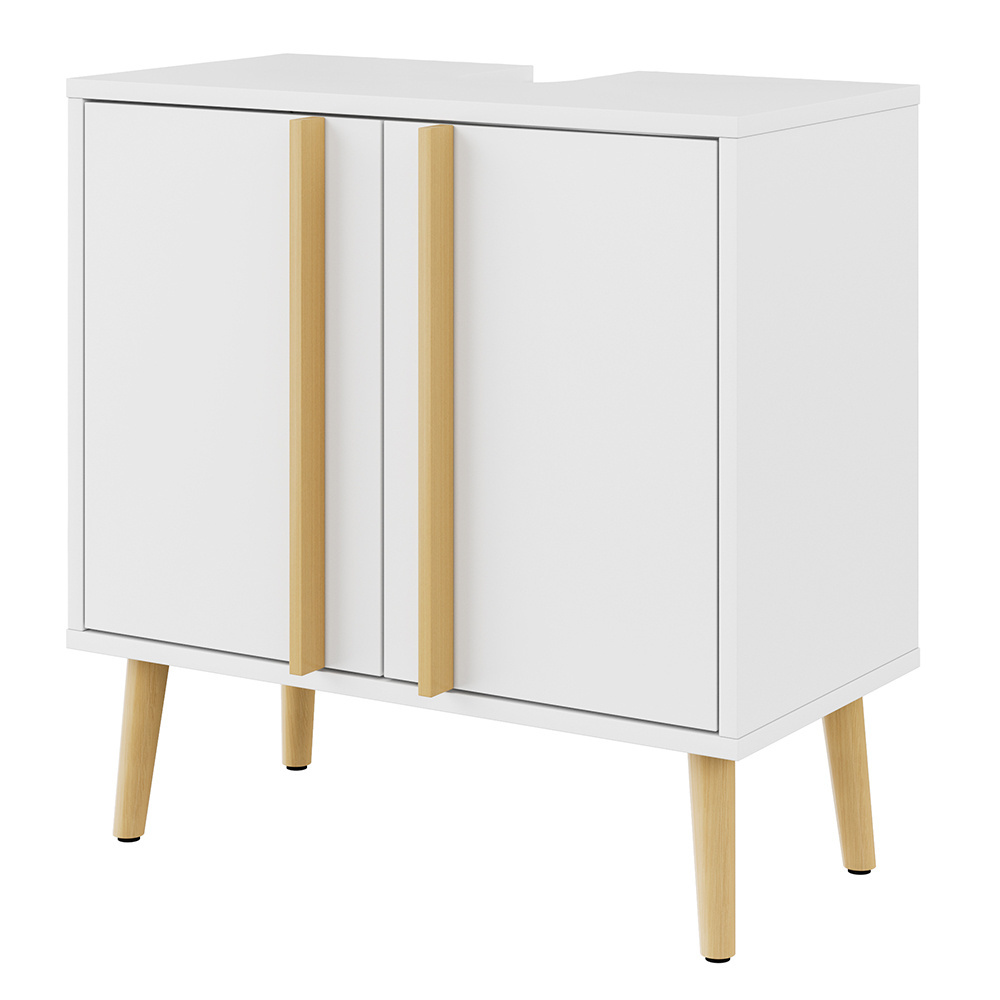 Mid-century Modern White Pedestal Base Bathroom Vanity Under Sink Storage Cabinet with 2 Doors