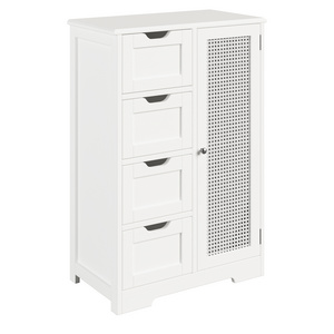 Factory Direct White Wooden Side Bathroom Floor Storage Organizer Cabinet  with 4 Drawers and 1 Rattan Cupboard