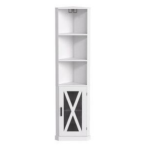 Antique White Farmhouse Slim Narrow Tall Corner Storage Cabinet with 5-Tier Storage Shelf