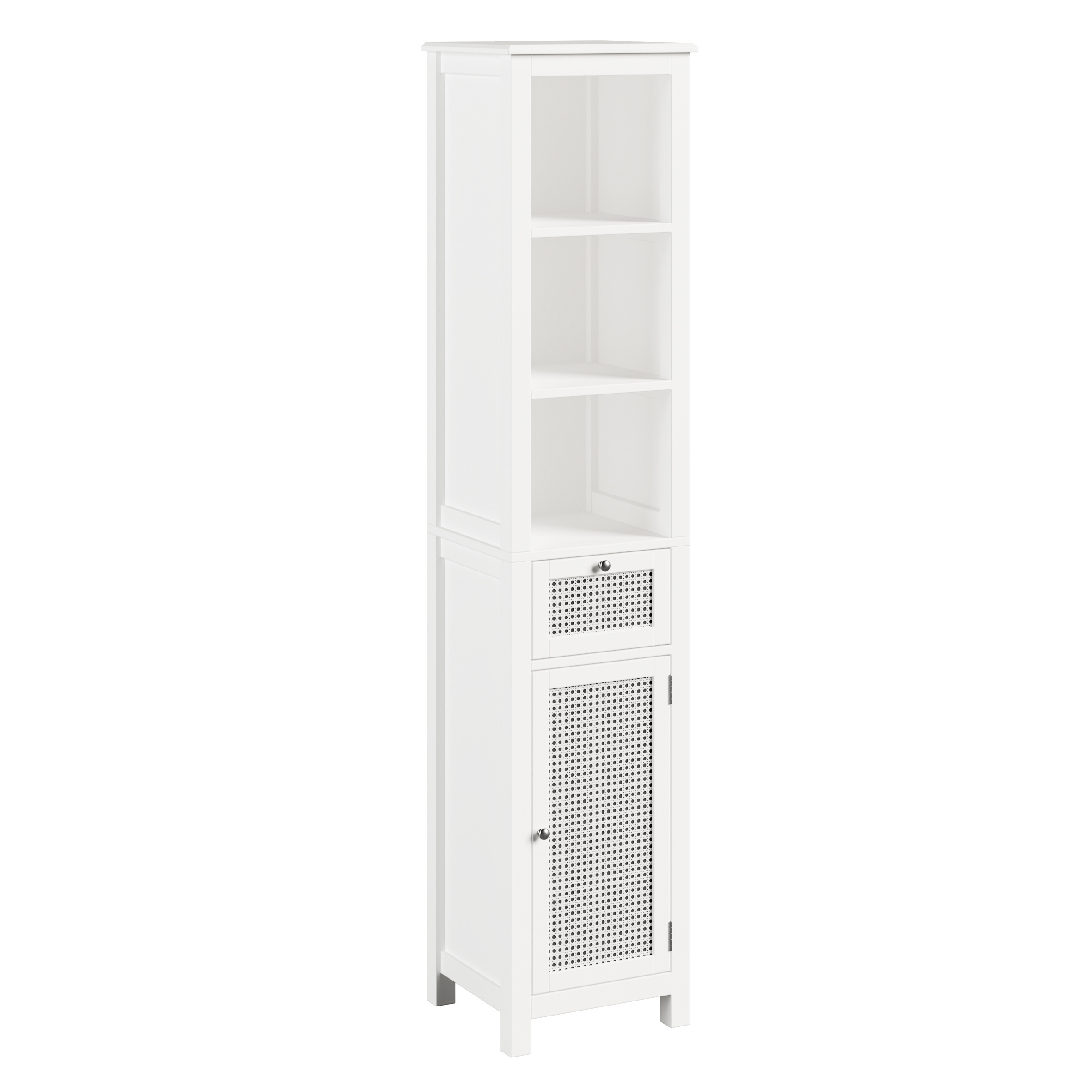 Factory Direct White Wooden Side Bathroom Floor Storage Organizer Cabinet  with 4 Drawers and 1 Rattan Cupboard