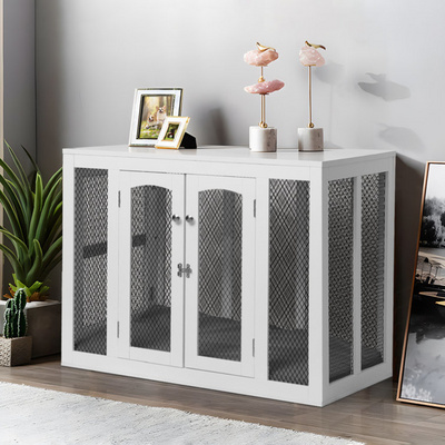 White Painting Wooden Dog House XL Large Medium Pet Crate with Double Doors End Table