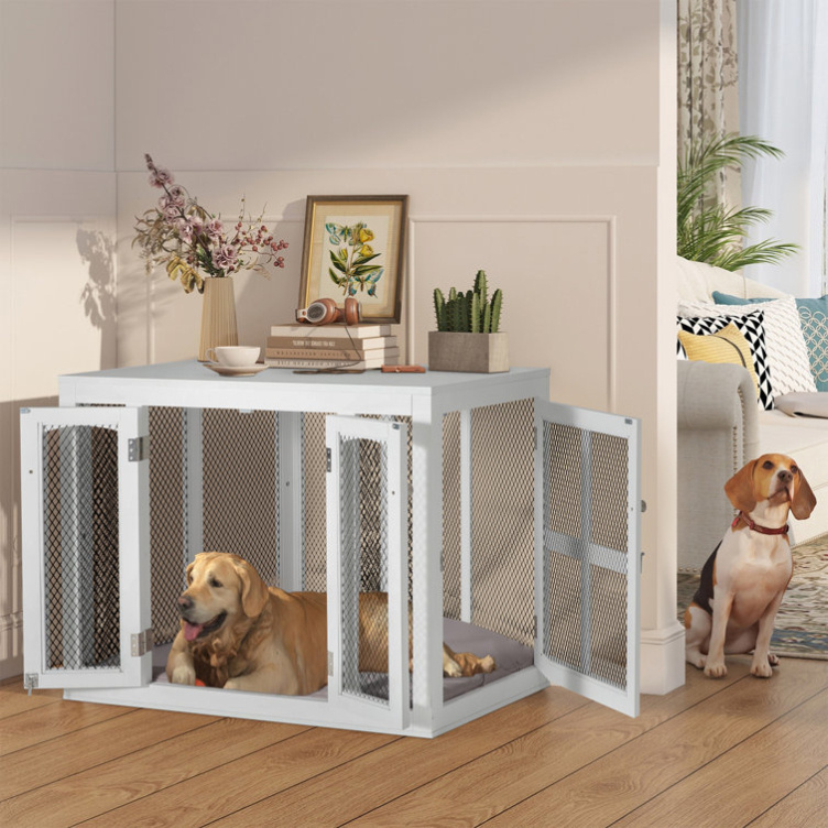 White Painting Wooden Dog House XL Large Medium Pet Crate with Double Doors End Table