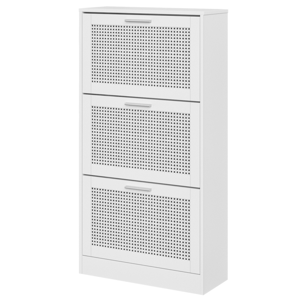 White PVC Rattan Cane Cabinet Shoe Storage Cupboard with 3 Tipping Flip Drawer