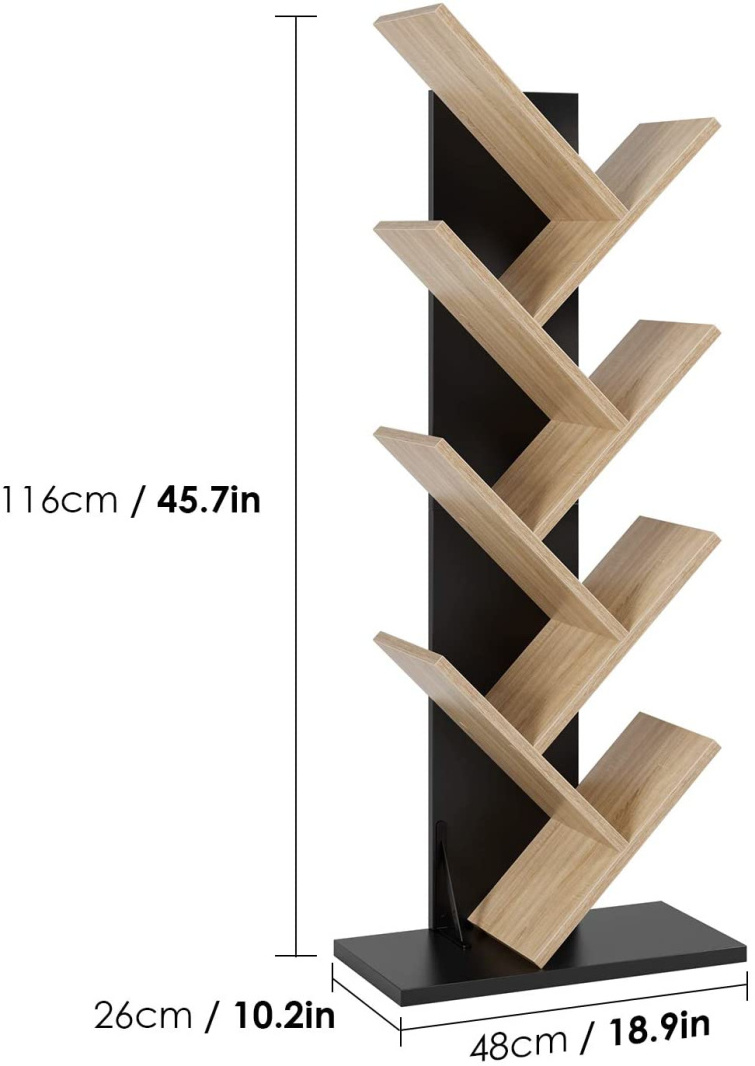 Factory Wholesale Modern 9 Tier Wood Vertical Book Shelf Ladder Tree Branch Shaped Bookshelf