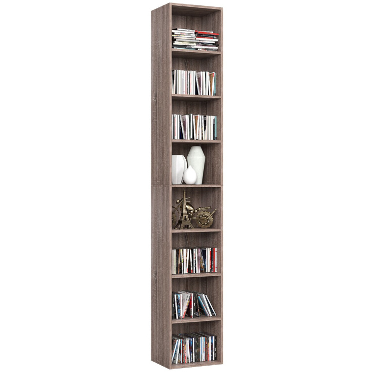 Dark Oak Tall Media CD Storage Cube Organizer 8-Tier Book Shelf Thin Narrow Wood Bookcase with Adjustable Shelves