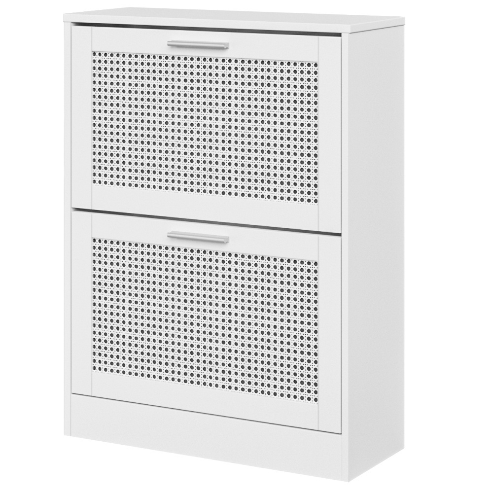 White PVC Rattan Cane Cabinet Shoe Storage Cupboard with 3 Tipping Flip Drawer