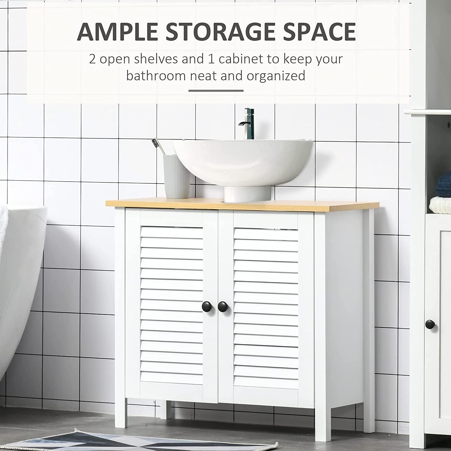 White Painting Wood Floor Bathroom Storage Cabinet Under Sink with Double Layers 2 Door