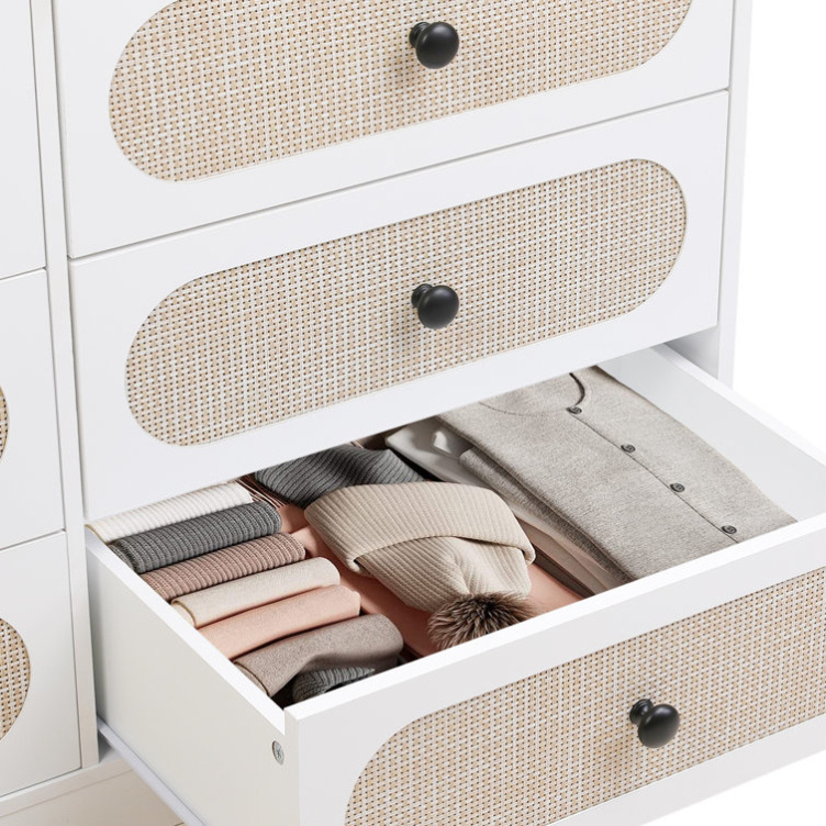 Modern White Wood Wicker Chest Storage Cabinet 6 Drawer Rattan Dresser with Shelves for Bedroom Living Room