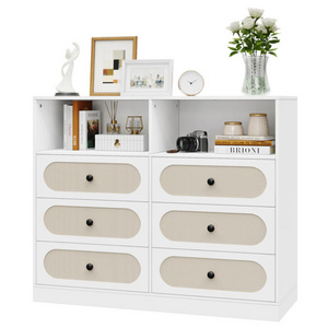 Modern White Wood Wicker Chest Storage Cabinet 6 Drawer Rattan Dresser with Shelves for Bedroom Living Room