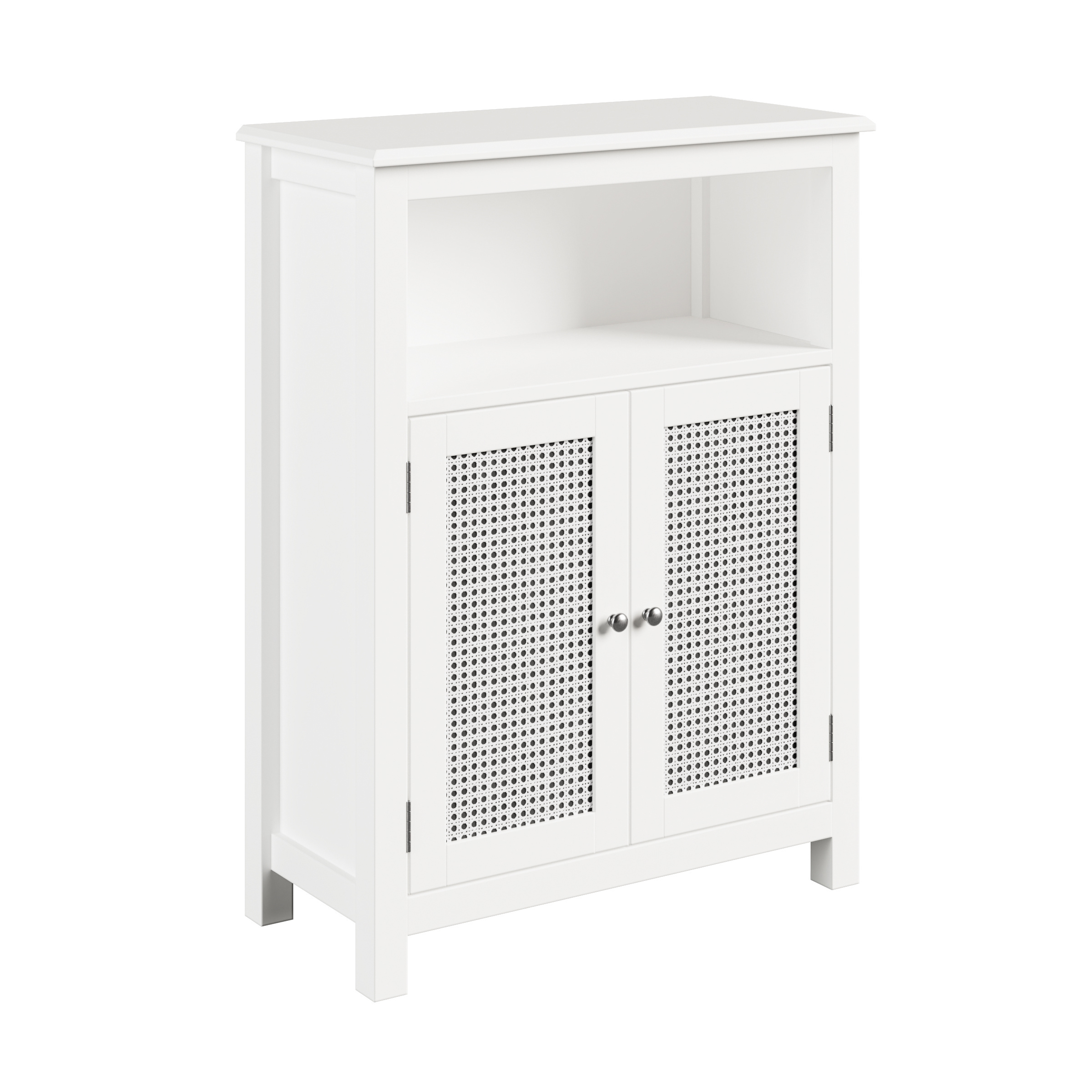 Factory Direct White Wooden Side Bathroom Floor Storage Organizer Cabinet  with 4 Drawers and 1 Rattan Cupboard