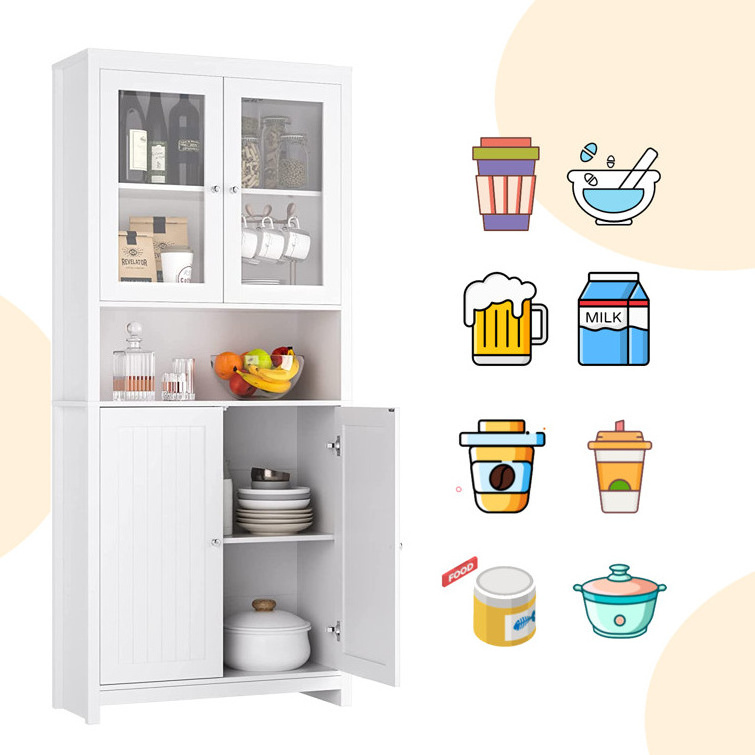 Factory Wholesale Kitchen Buffet Hutch Wooden Storage Cabinet White Kitchen Pantry with Glass Door