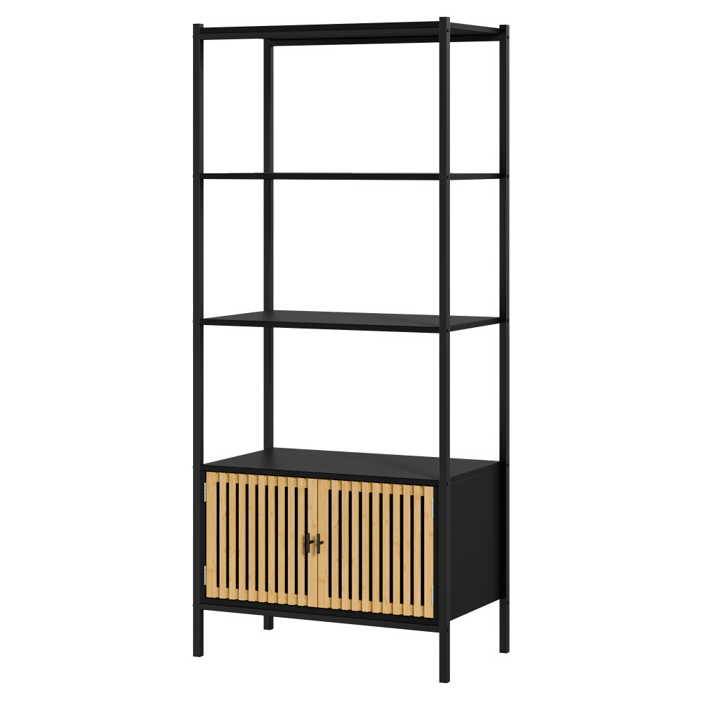 Factory Direct Black Metal Wood Two Door Bookshelf Bookcase with Three Tier Open Shelves