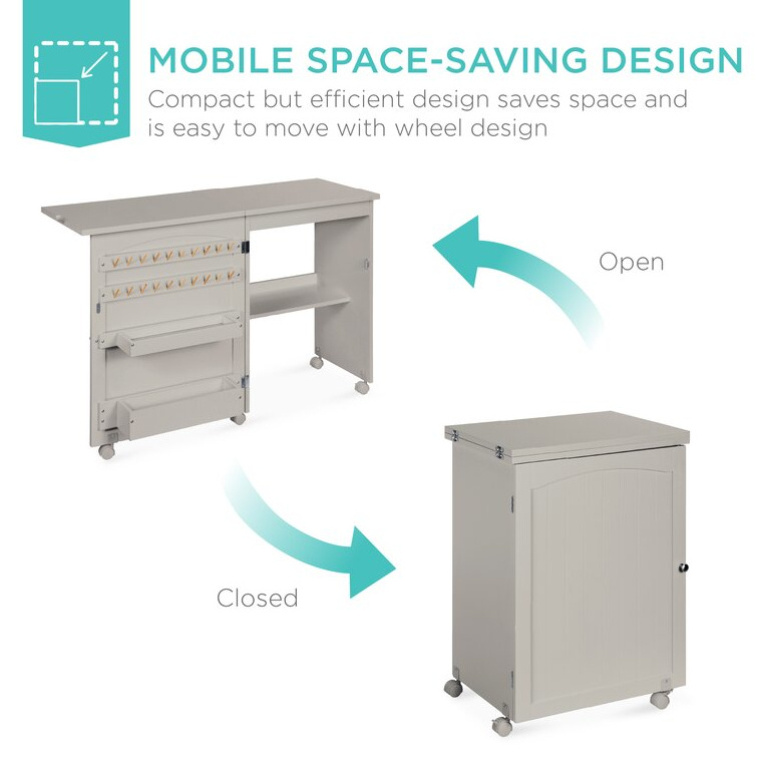 Multipurpose Craft Station Grey Wood Folding Sewing Table with Sewing Machine Platform and Wheels