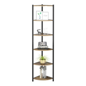 Metal Wood Shelving Unit 6 Tier Rustic Brown Tall Corner Bookcase Bookshelf for Living Room Office