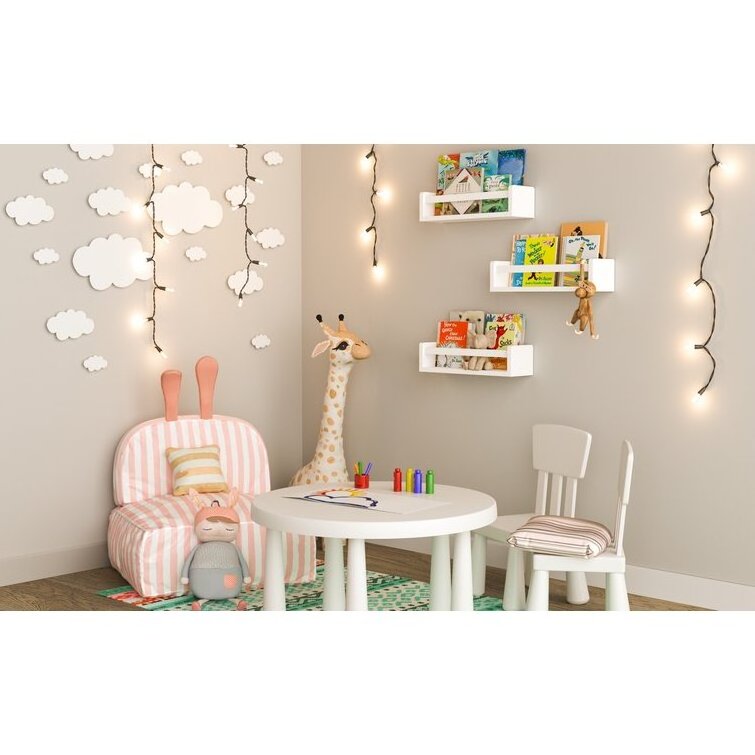 Nursery Decor 3 Wall Mounted Shelves Set White Long Crown Molding Floating Bookshelves for Baby Kids Room