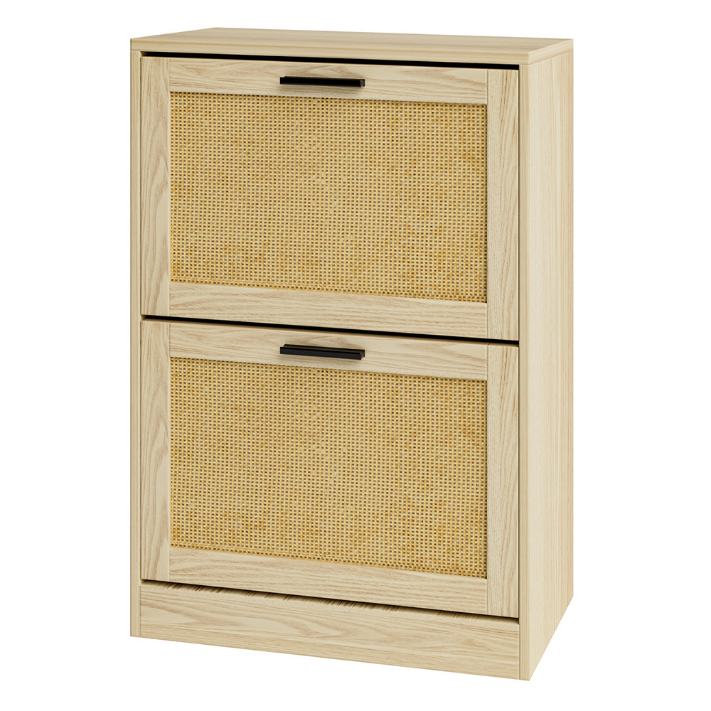 3 door tier tipping bucket natural wood rattan shoes storage rack organizer cabinet with 3 woven tapping flip drawers