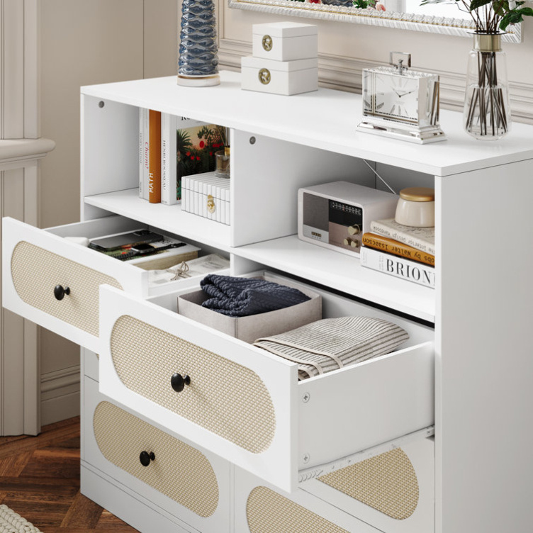 Modern White Wood Wicker Chest Storage Cabinet 6 Drawer Rattan Dresser with Shelves for Bedroom Living Room