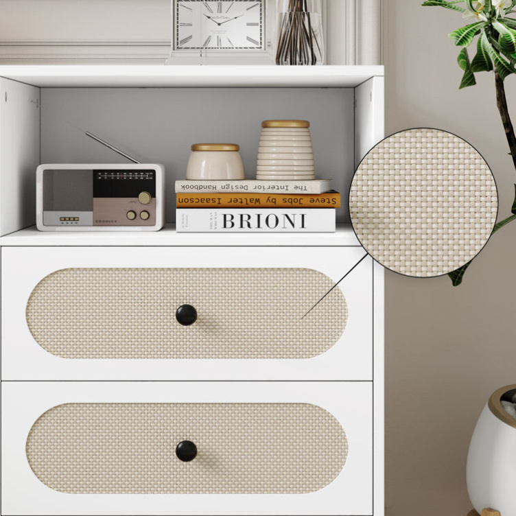 Modern White Wood Wicker Chest Storage Cabinet 6 Drawer Rattan Dresser with Shelves for Bedroom Living Room